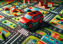 Los peligros de la contaminación ambiental sobre el cerebro infantil A red toy car on a colorful play mat with roads and cartoon-style buildings.