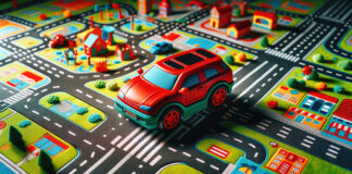 Los peligros de la contaminación ambiental sobre el cerebro infantil A red toy car on a colorful play mat with roads and cartoon-style buildings.