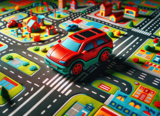 Los peligros de la contaminación ambiental sobre el cerebro infantil A red toy car on a colorful play mat with roads and cartoon-style buildings.