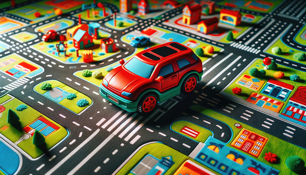 A red toy car on a colorful play mat with roads and cartoon-style buildings.