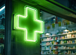 El Día Mundial del Farmacéutico 2026 empodera al farmacéutico Bright green neon cross shining on the exterior of a pharmacy at night, indicating a medical establishment providing medicines and healthcare services