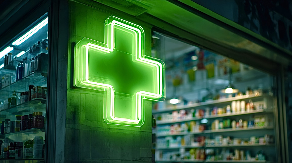 Bright green neon cross shining on the exterior of a pharmacy at night, indicating a medical establishment providing medicines and healthcare services