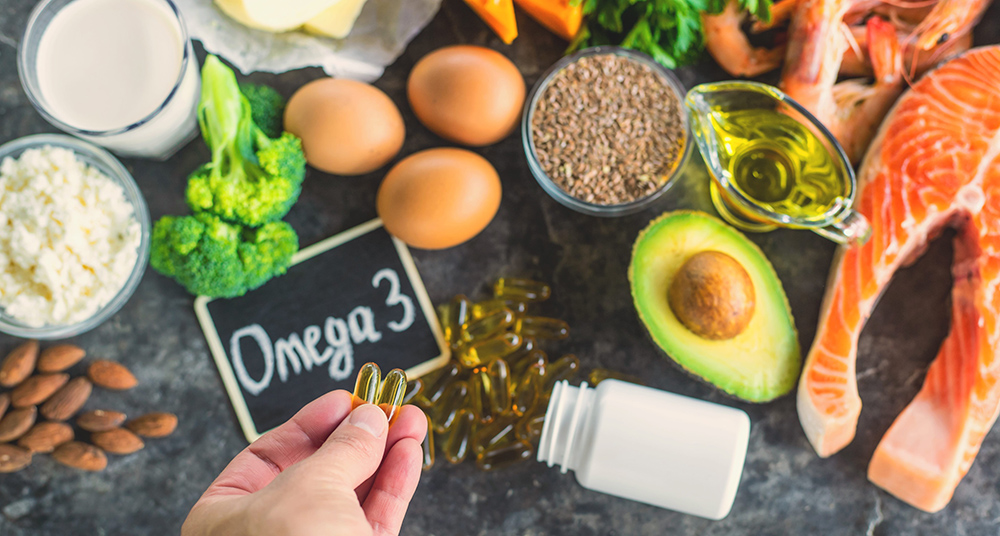 Products contain Omega 3. Selective focus.